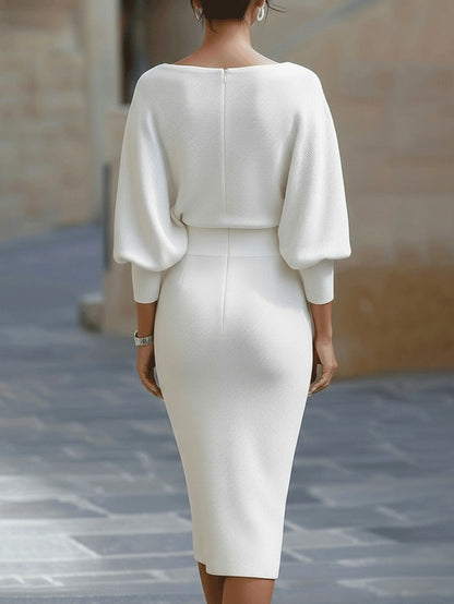 Ribbed Knit Cowl Neck Midi Dress