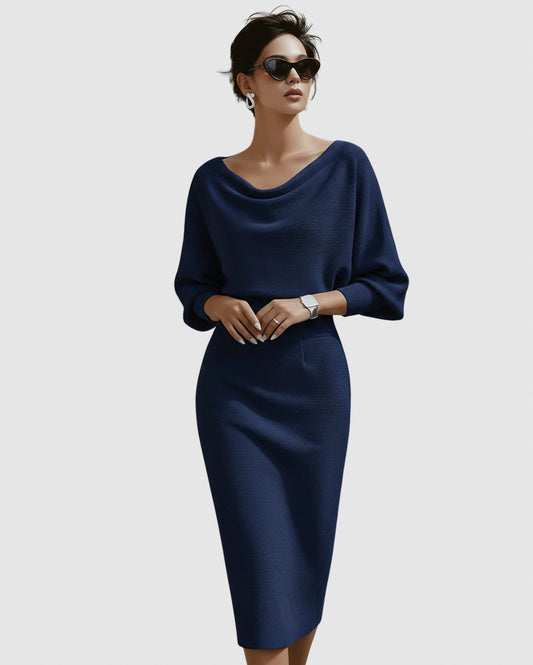 Ribbed Knit Cowl Neck Midi Dress