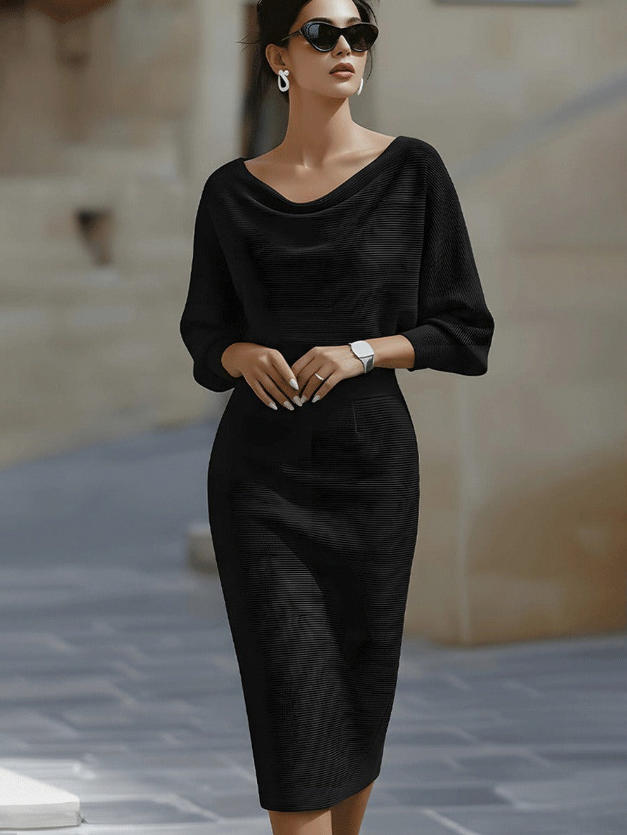 Ribbed Knit Cowl Neck Midi Dress