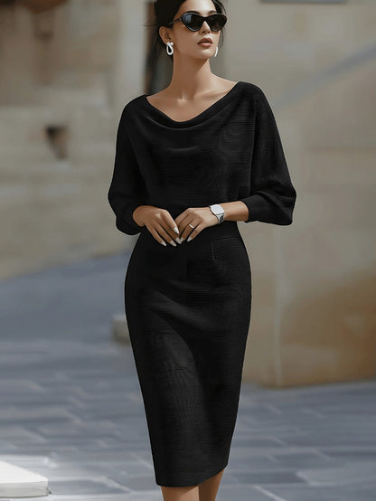 Ribbed Knit Cowl Neck Midi Dress