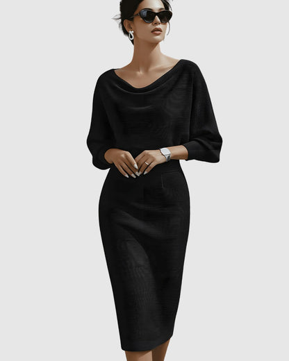 Ribbed Knit Cowl Neck Midi Dress