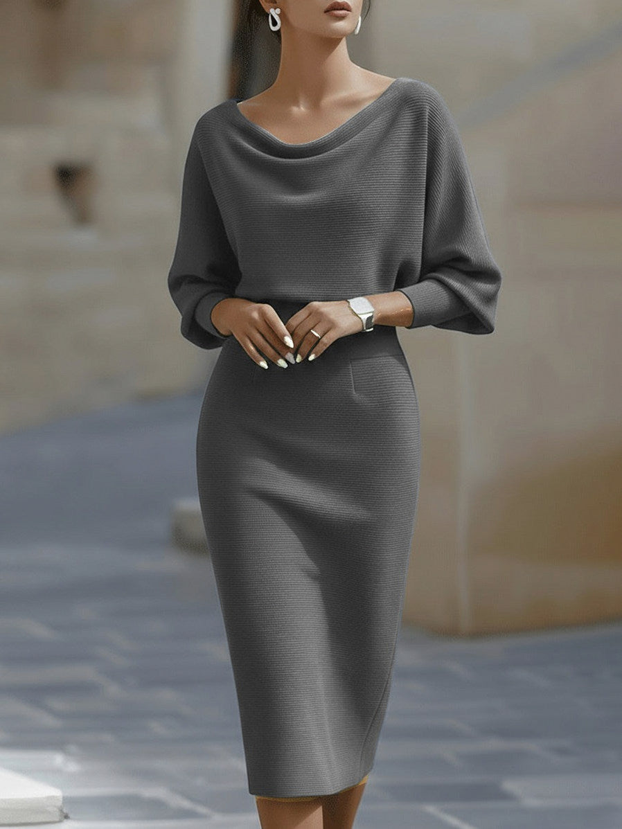 Ribbed Knit Cowl Neck Midi Dress