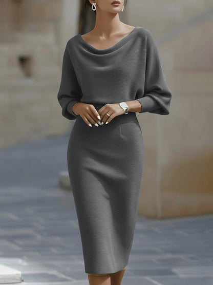 Ribbed Knit Cowl Neck Midi Dress