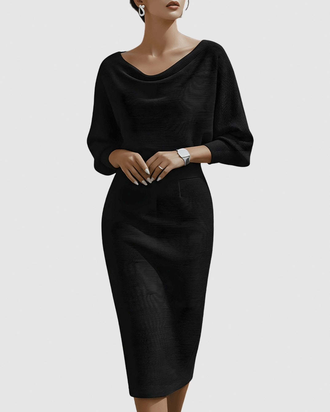 Ribbed Knit Cowl Neck Midi Dress
