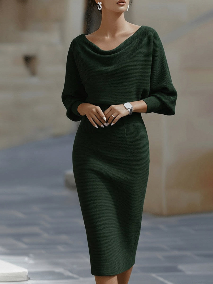 Ribbed Knit Cowl Neck Midi Dress