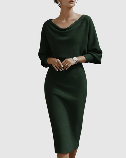 Ribbed Knit Cowl Neck Midi Dress
