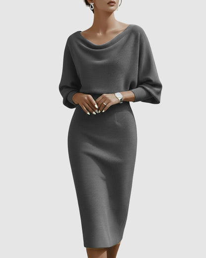 Ribbed Knit Cowl Neck Midi Dress
