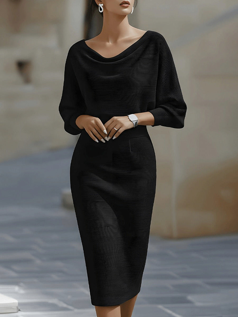Ribbed Knit Cowl Neck Midi Dress