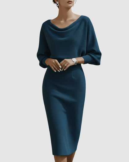 Ribbed Knit Cowl Neck Midi Dress