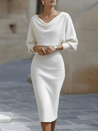 Ribbed Knit Cowl Neck Midi Dress