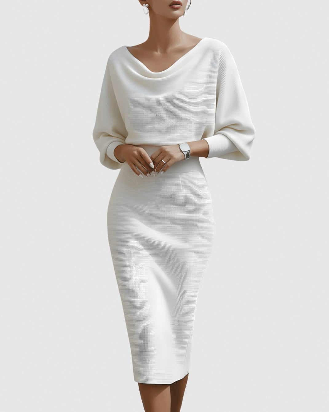 Ribbed Knit Cowl Neck Midi Dress