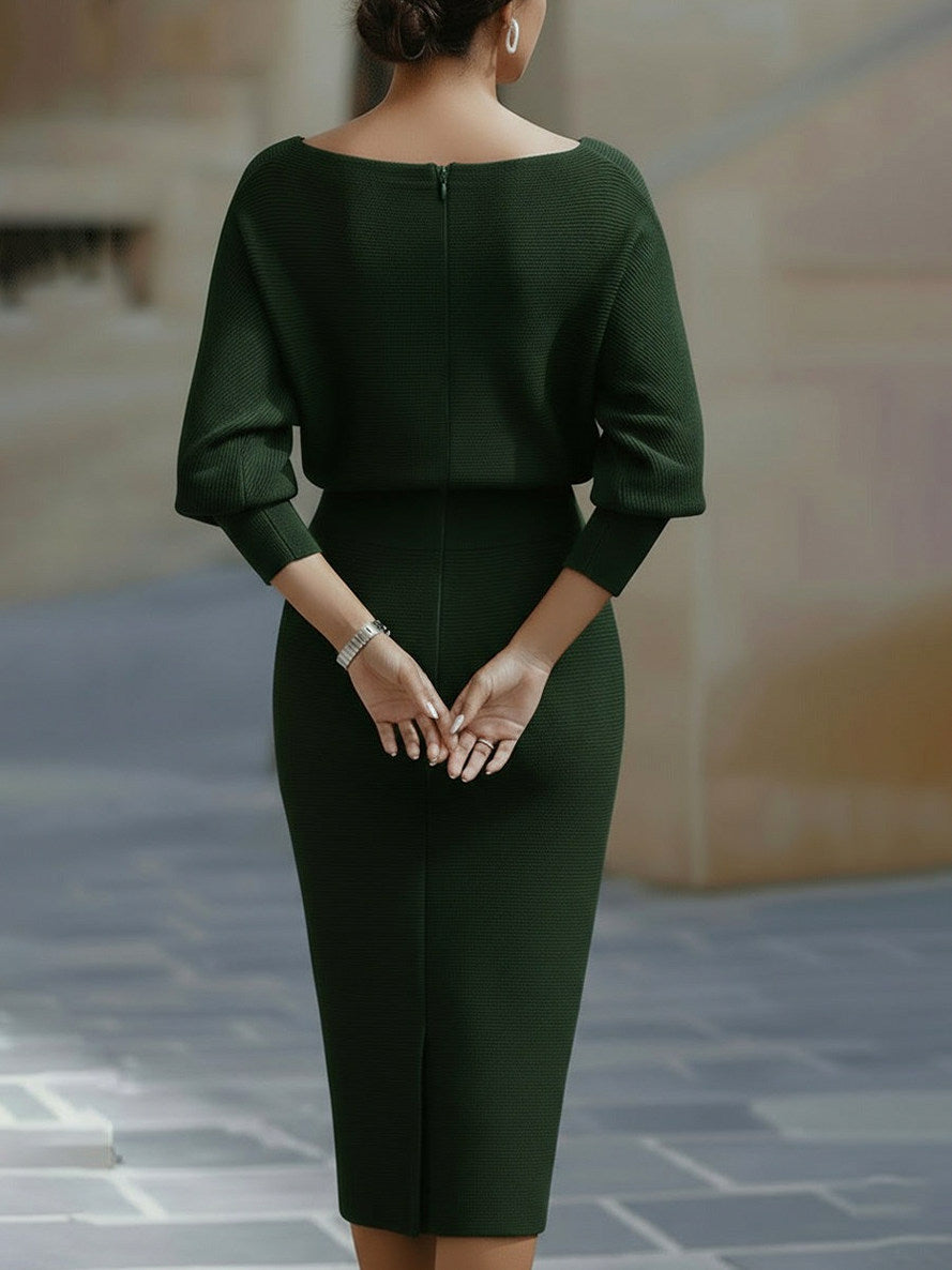 Ribbed Knit Cowl Neck Midi Dress