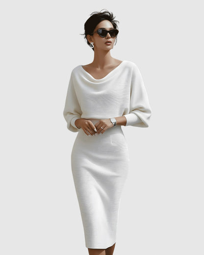 Ribbed Knit Cowl Neck Midi Dress