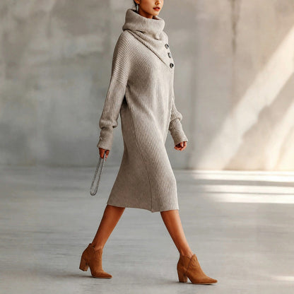 Ribbed Knit Cowl Neck Midi Sweater Dress