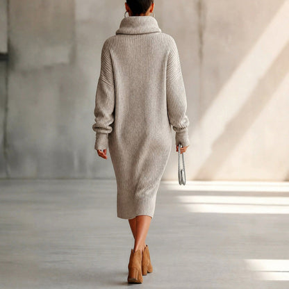 Ribbed Knit Cowl Neck Midi Sweater Dress
