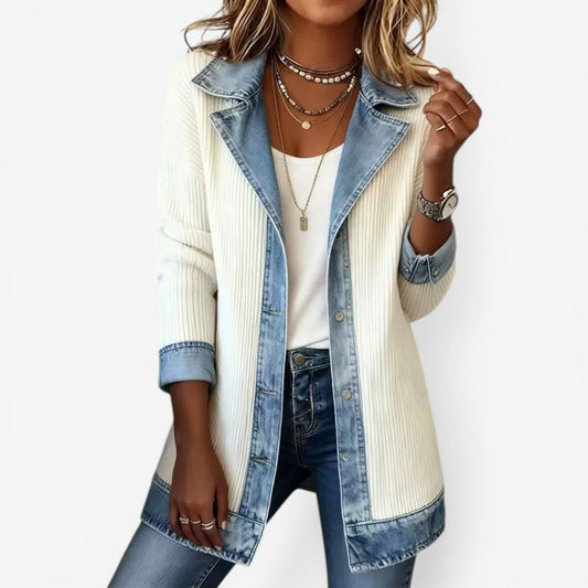 Ribbed Knit Denim Collared Cardigan
