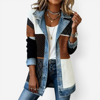 Ribbed Knit Denim Collared Cardigan