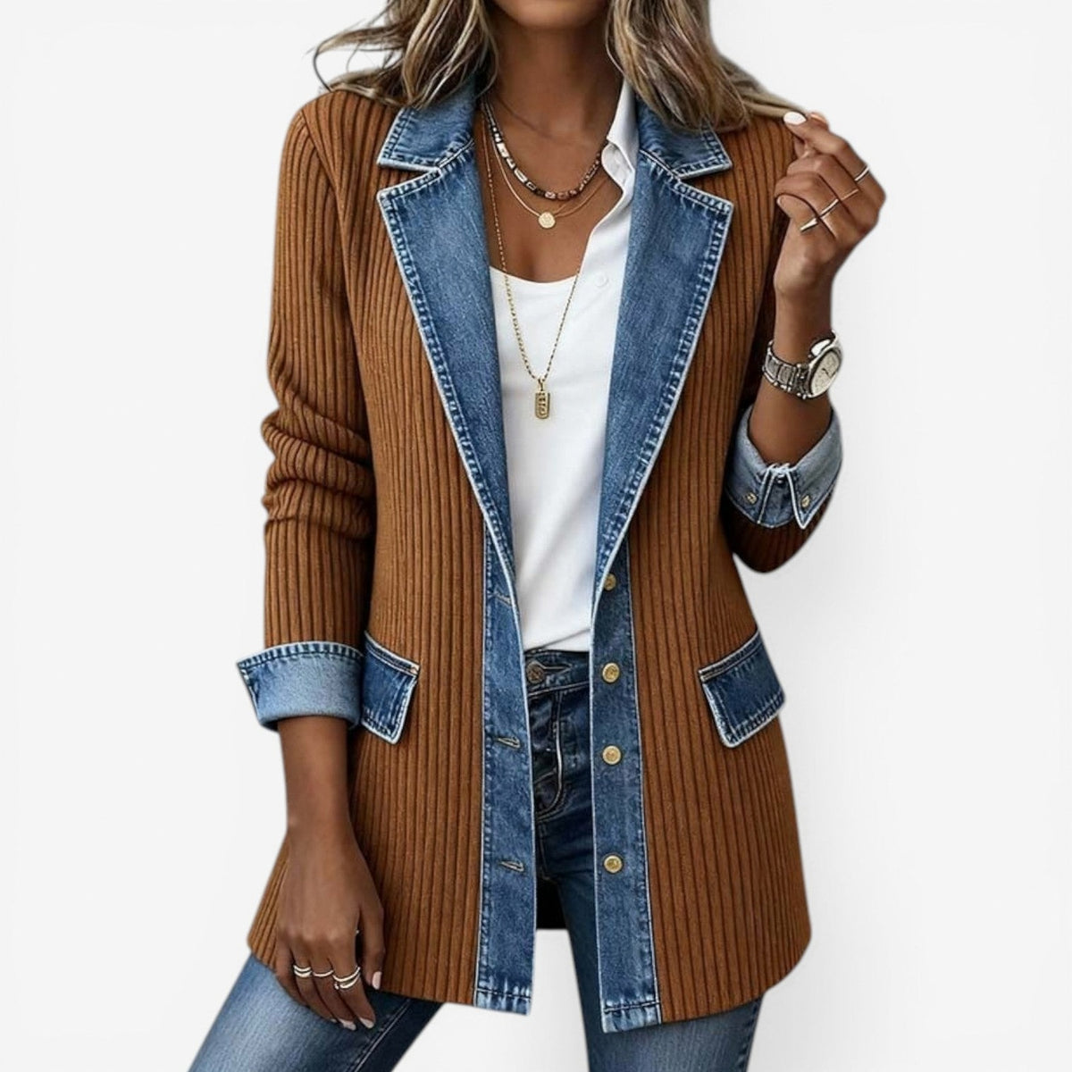 Ribbed Knit Denim Collared Cardigan