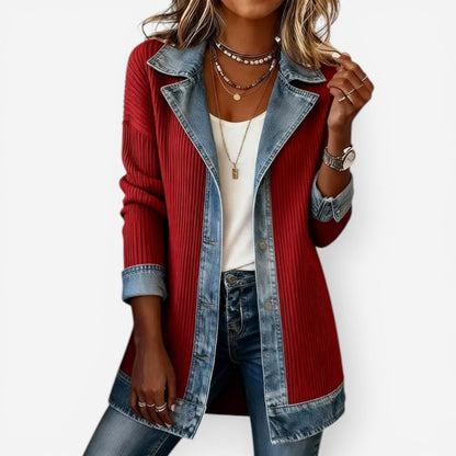 Ribbed Knit Denim Collared Cardigan