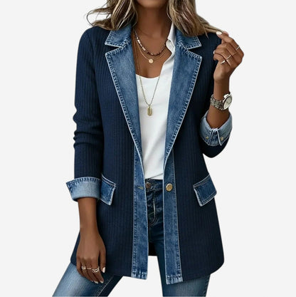 Ribbed Knit Denim Collared Cardigan