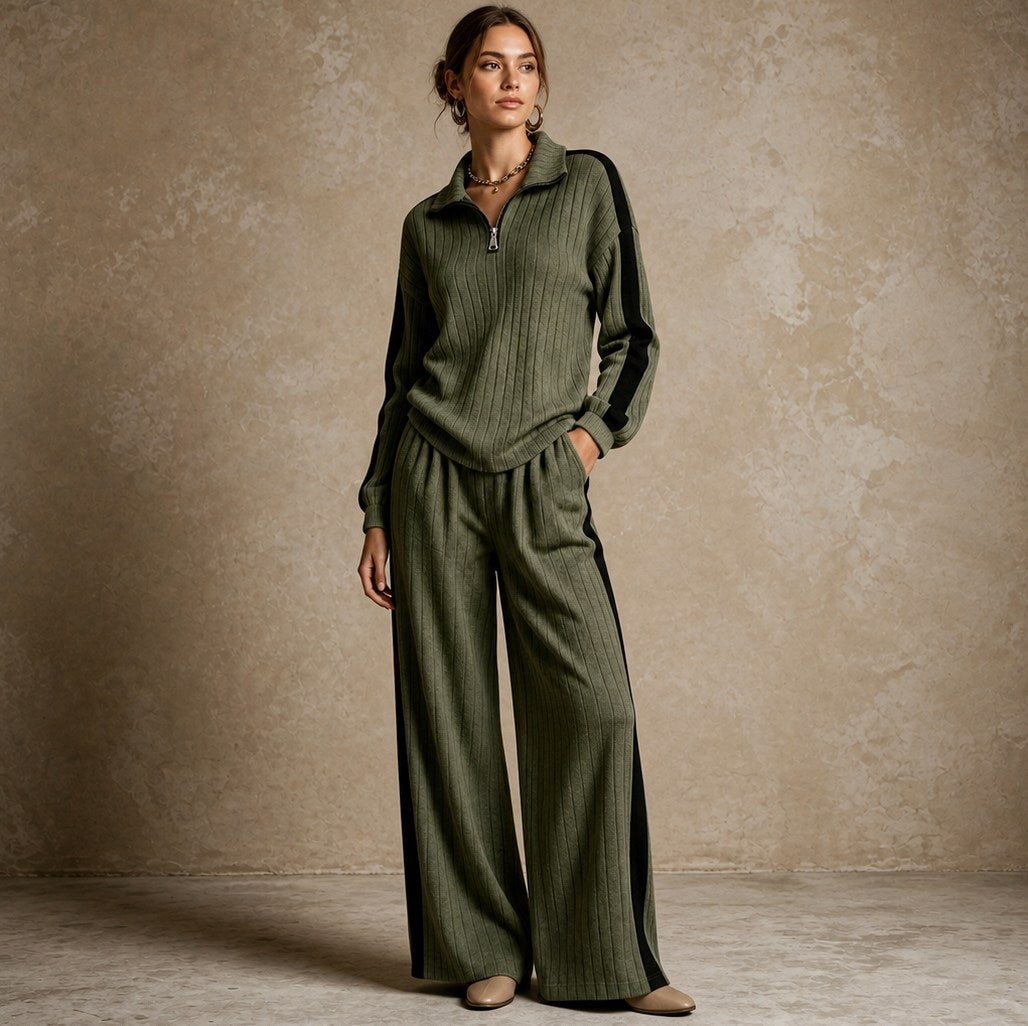 Ribbed Knit Half Zip Matching Set