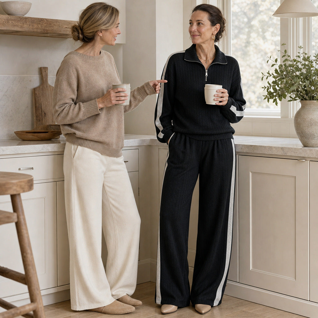 Ribbed Knit Half Zip Matching Set
