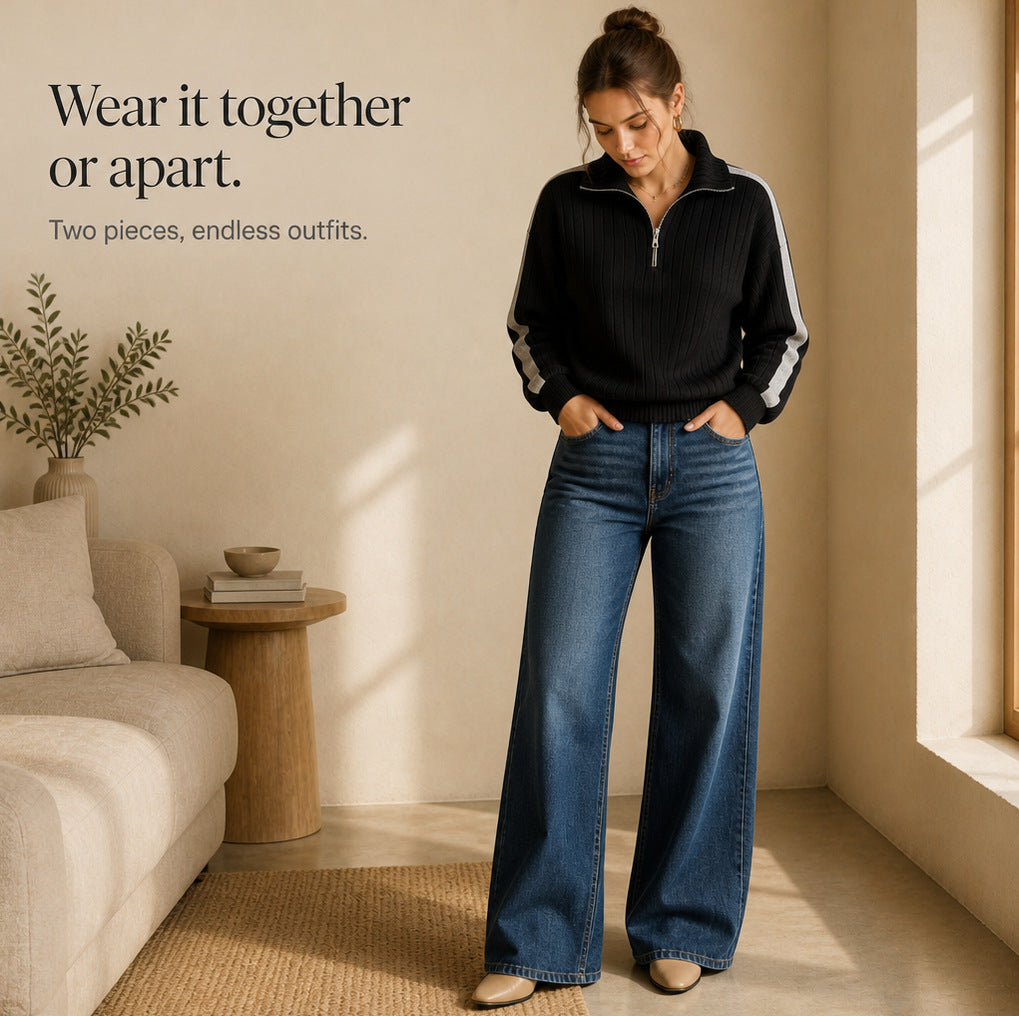 Ribbed Knit Half Zip Matching Set