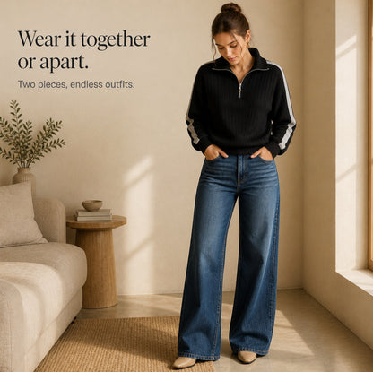 Ribbed Knit Half Zip Matching Set
