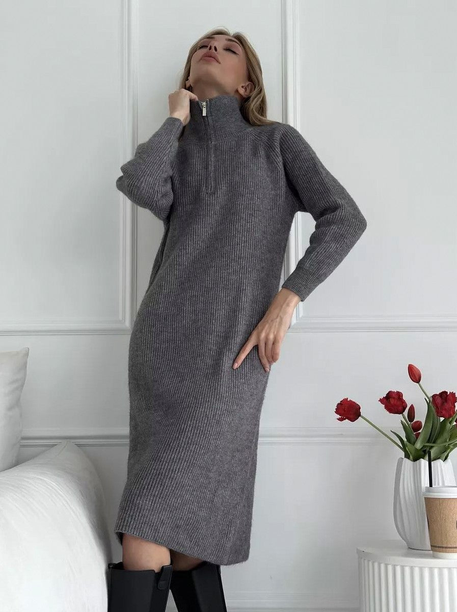 Ribbed Knit Half Zip Midi Sweater Dress