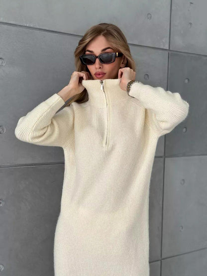 Ribbed Knit Half Zip Midi Sweater Dress