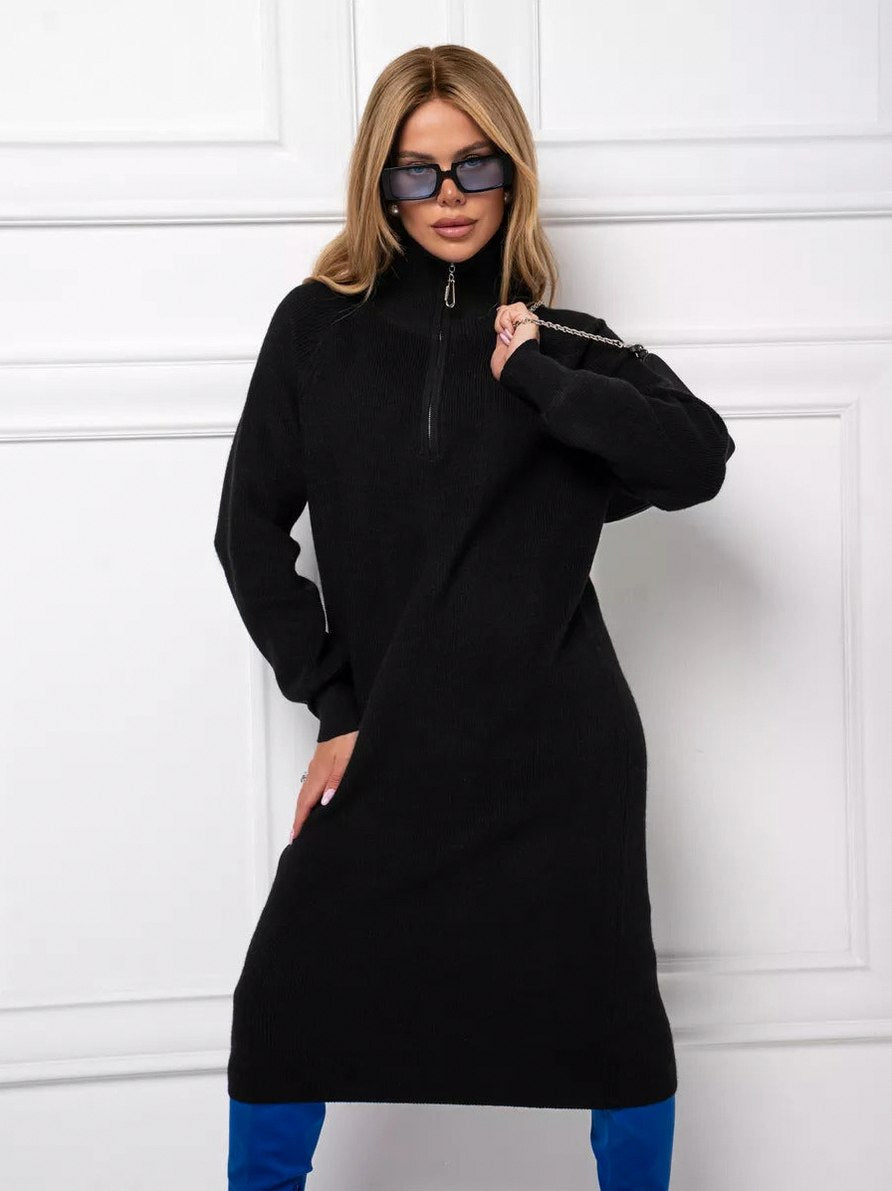 Ribbed Knit Half Zip Midi Sweater Dress