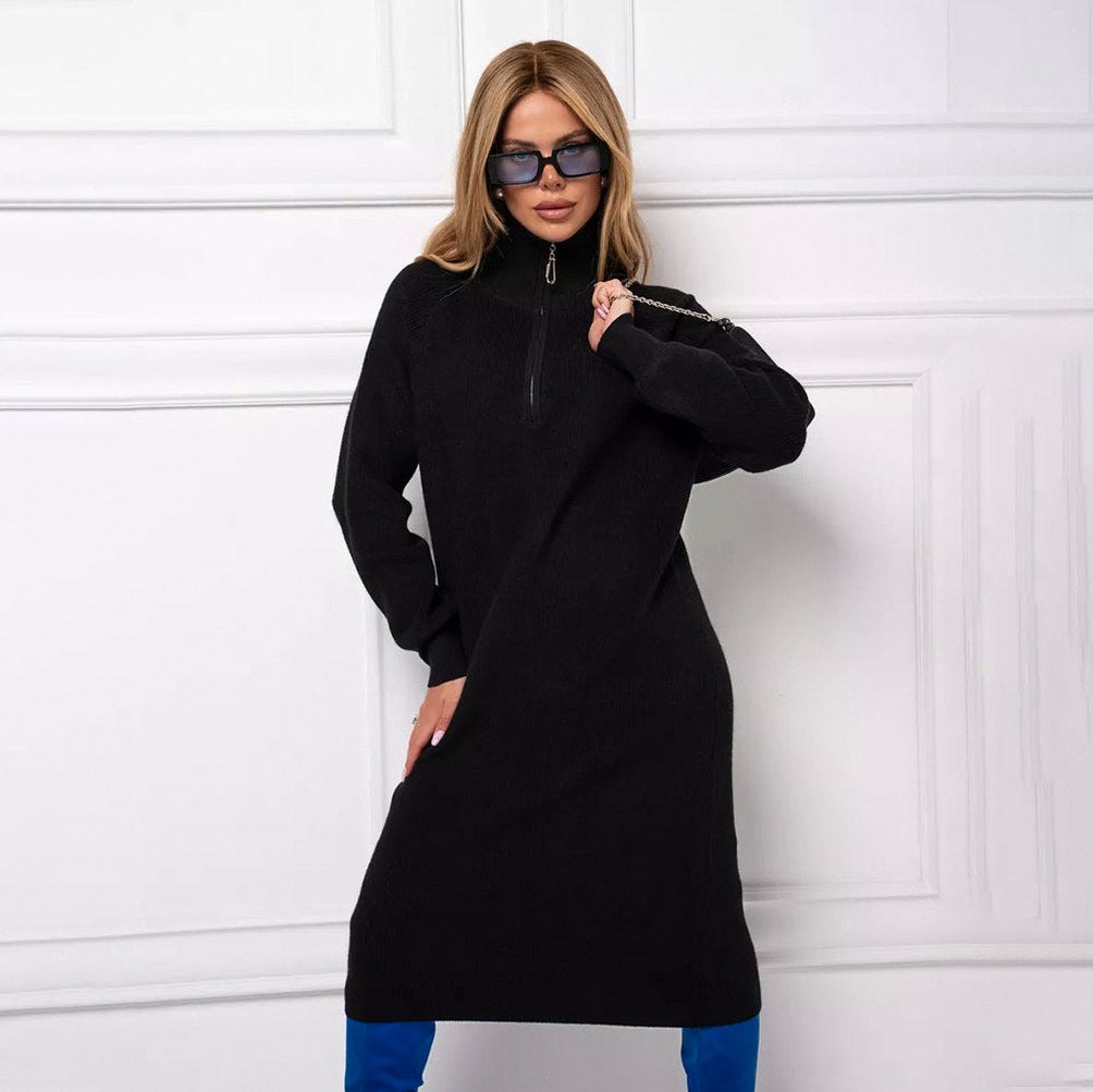 Ribbed Knit Half Zip Midi Sweater Dress