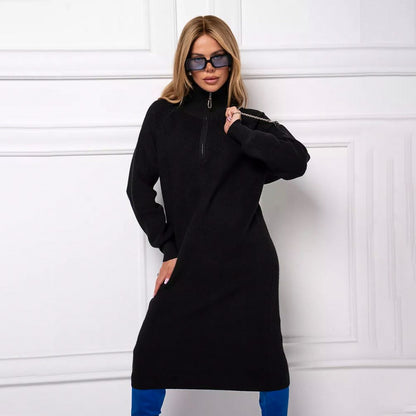 Ribbed Knit Half Zip Midi Sweater Dress