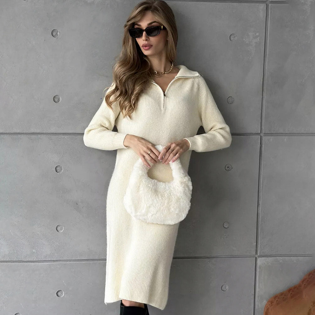 Ribbed Knit Half Zip Midi Sweater Dress