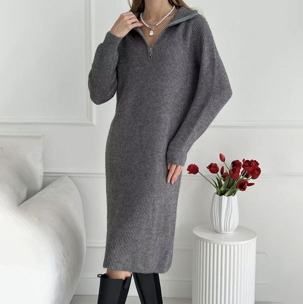 Ribbed Knit Half Zip Midi Sweater Dress