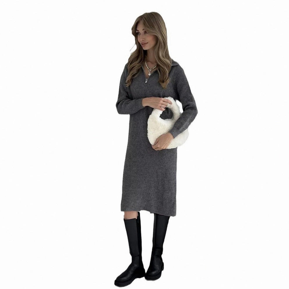 Ribbed Knit Half Zip Midi Sweater Dress