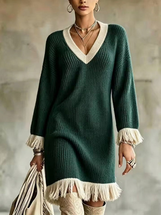 Ribbed Knit Long Sleeve Fringe Sweater Dress