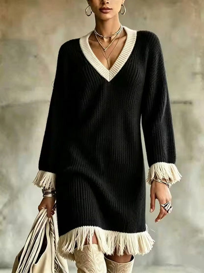 Ribbed Knit Long Sleeve Fringe Sweater Dress