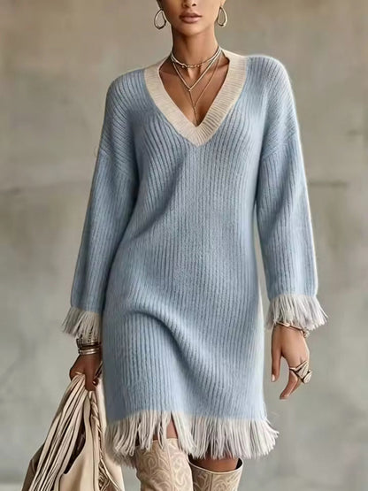 Ribbed Knit Long Sleeve Fringe Sweater Dress