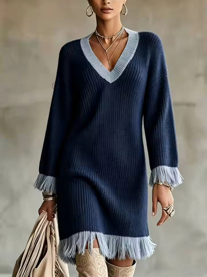 Ribbed Knit Long Sleeve Fringe Sweater Dress
