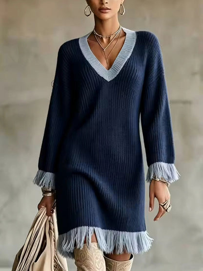 Ribbed Knit Long Sleeve Fringe Sweater Dress