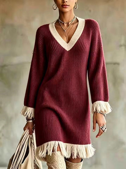 Ribbed Knit Long Sleeve Fringe Sweater Dress