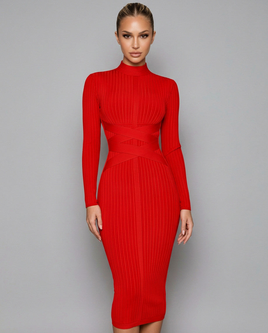 Ribbed Knit Long Sleeve Midi Dress