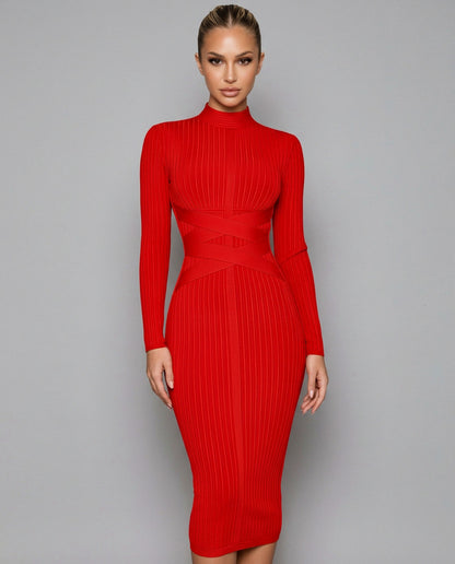Ribbed Knit Long Sleeve Midi Dress