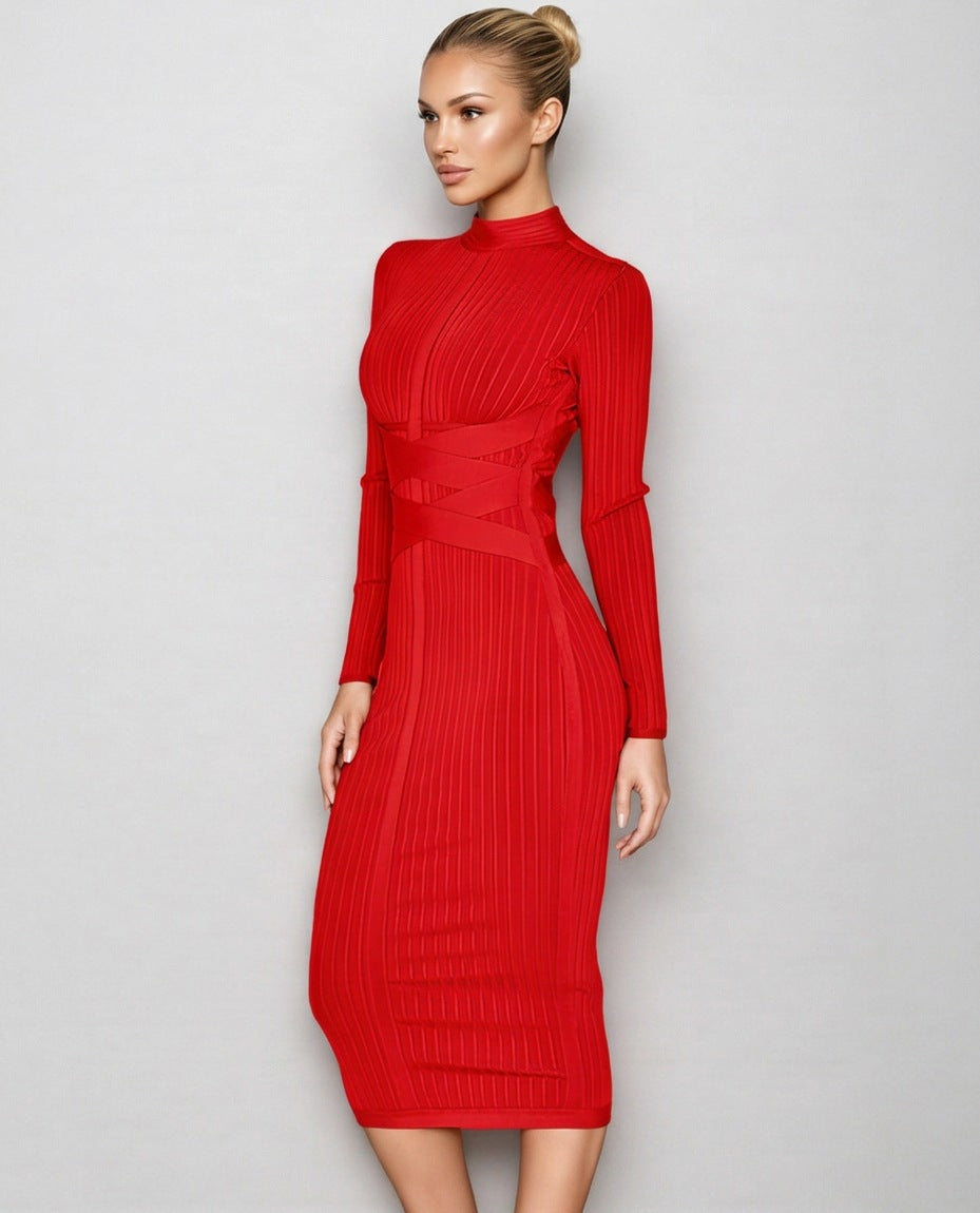 Ribbed Knit Long Sleeve Midi Dress