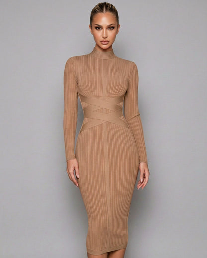 Ribbed Knit Long Sleeve Midi Dress