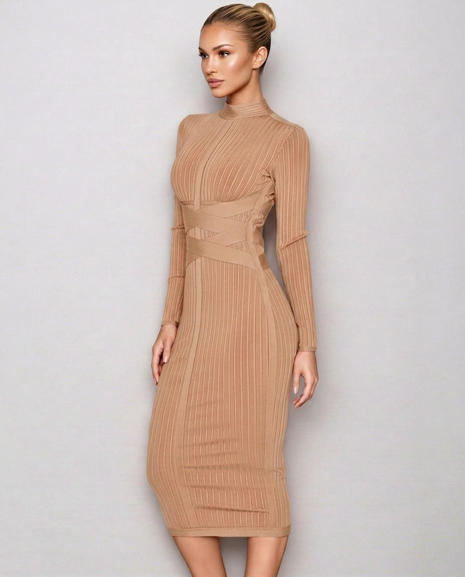Ribbed Knit Long Sleeve Midi Dress