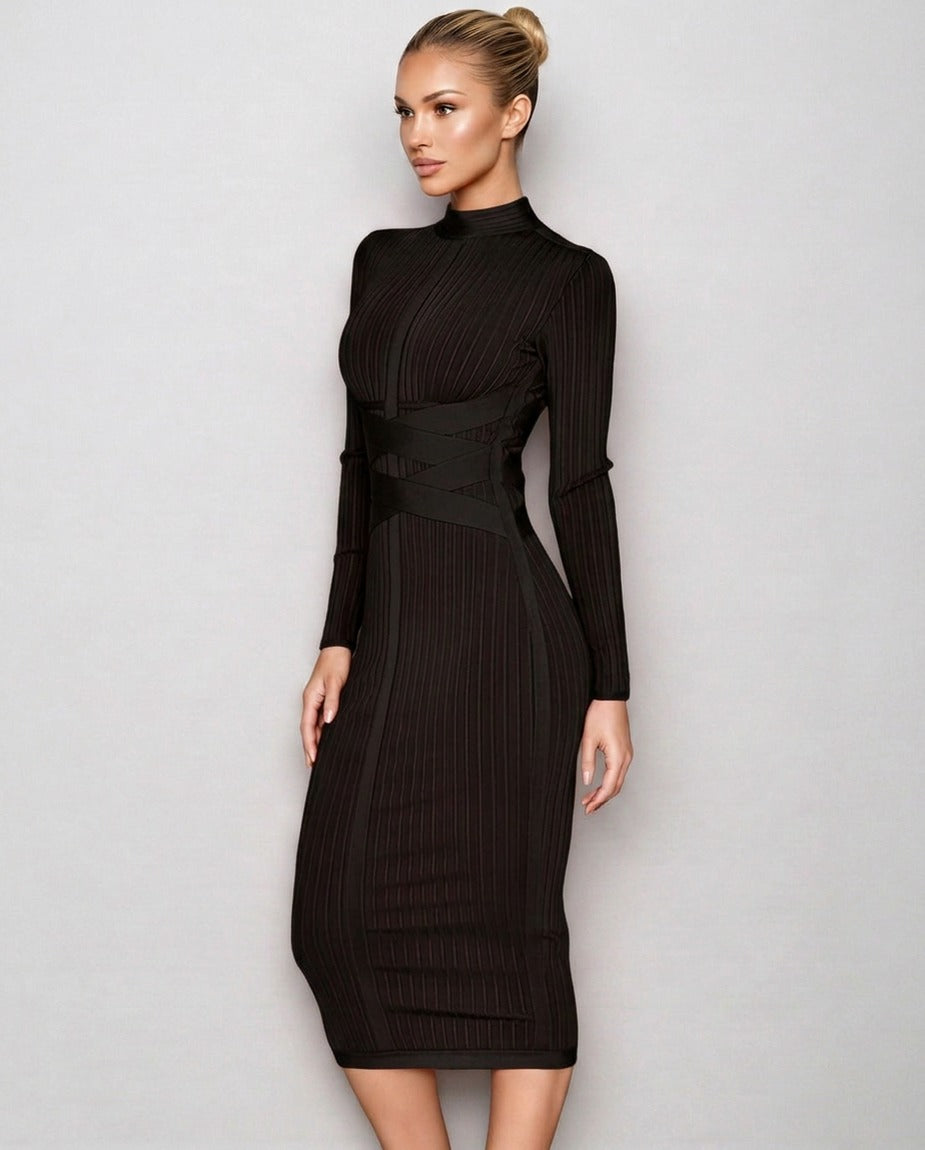 Ribbed Knit Long Sleeve Midi Dress