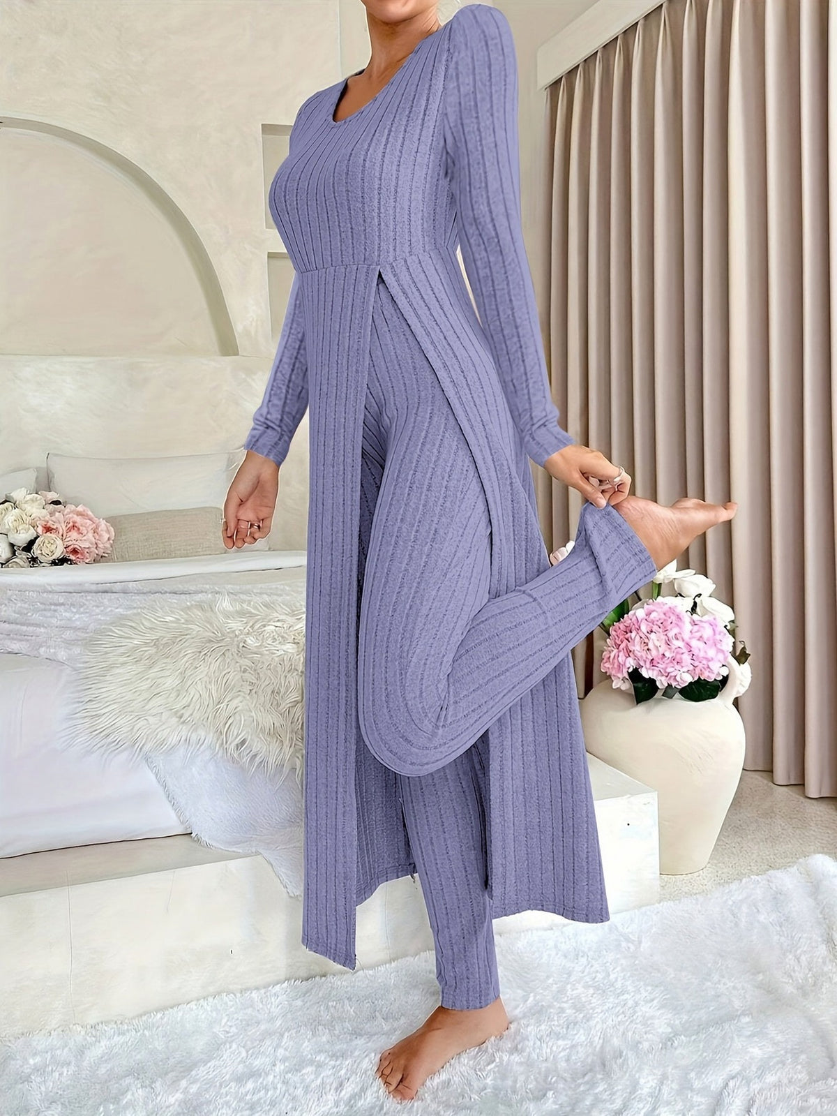Ribbed Knit Long Sleeve Two Piece Set
