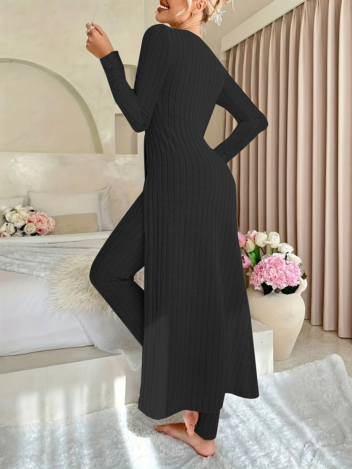 Ribbed Knit Long Sleeve Two Piece Set